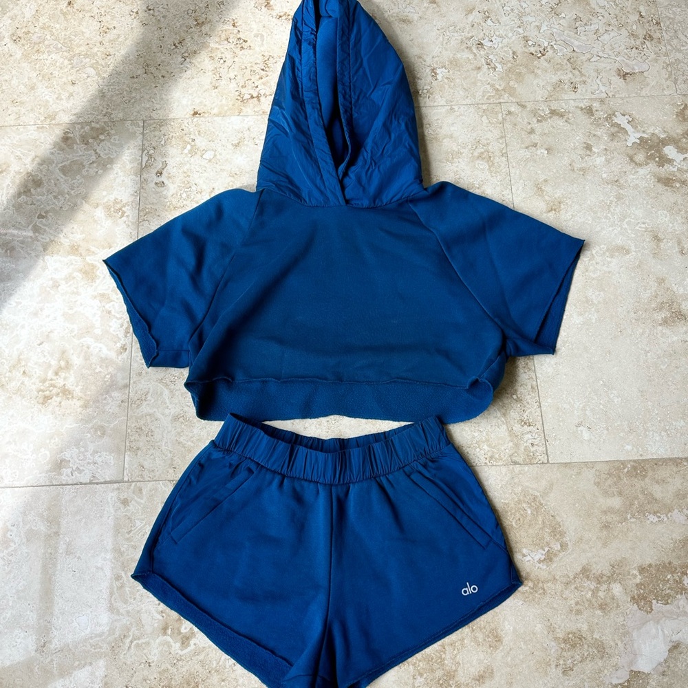 ALO Yoga Teal Hoodie and Shorts Set